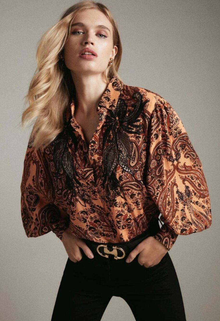 Karen Millen Womens 6 Brown Black Paisley Floral Embroidery Button Up Shirt
